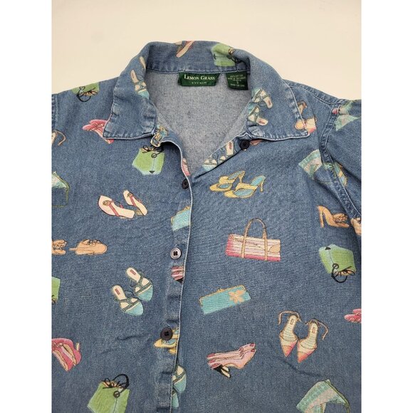VTG LEMON GRASS Denim Shirt Women's Small Print Shoes Purses Novelty Granny - Picture 7 of 7